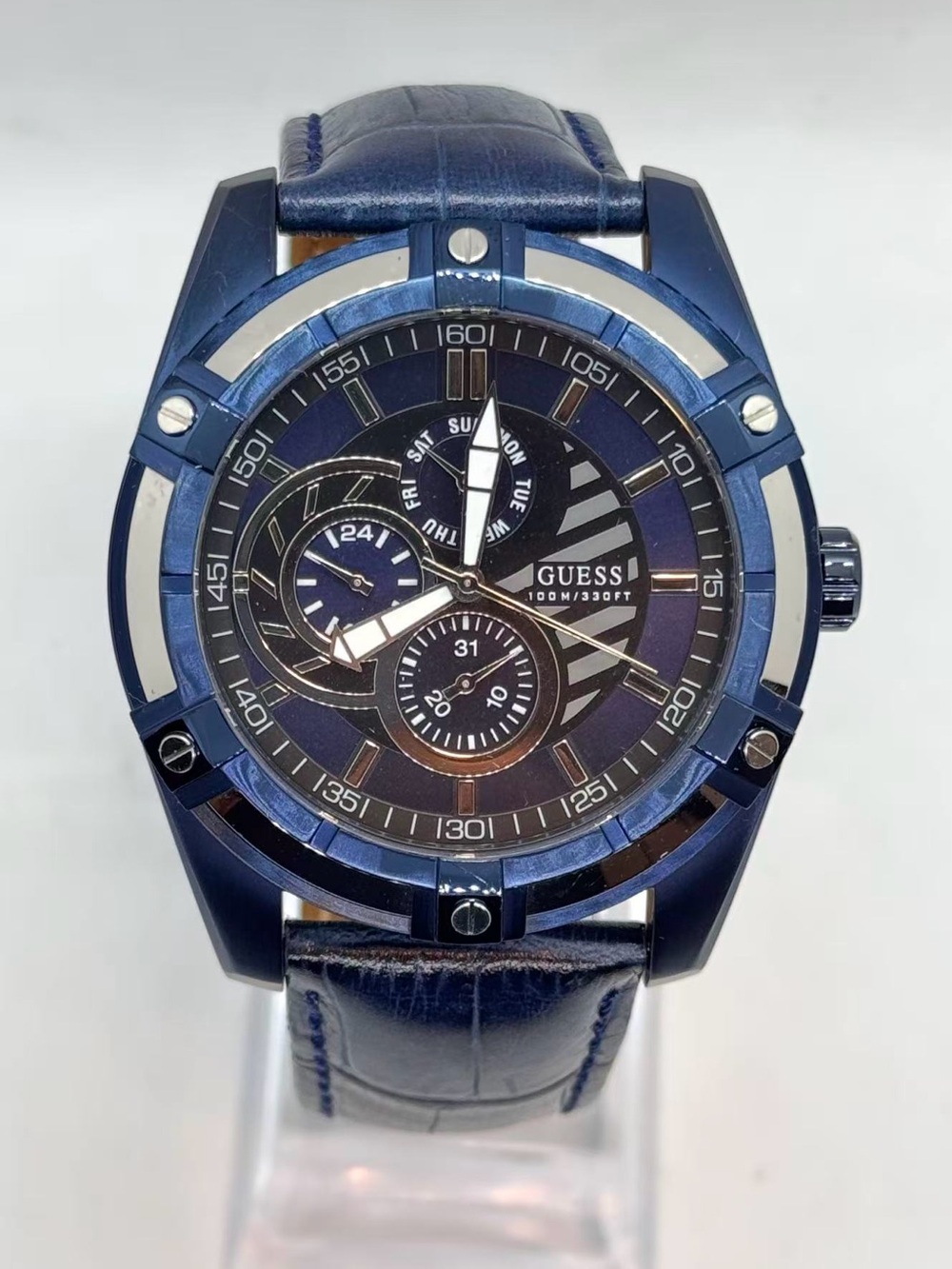 GUESS Men’s Quartz Dual Time Watch 45mm Blue Dial Day Date New Battery Runs